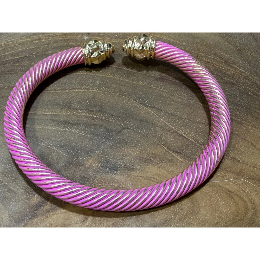 Pink Gold Twisted Cable Cuff Bracelet Studded End Cap Bangle 6.5 Inch
